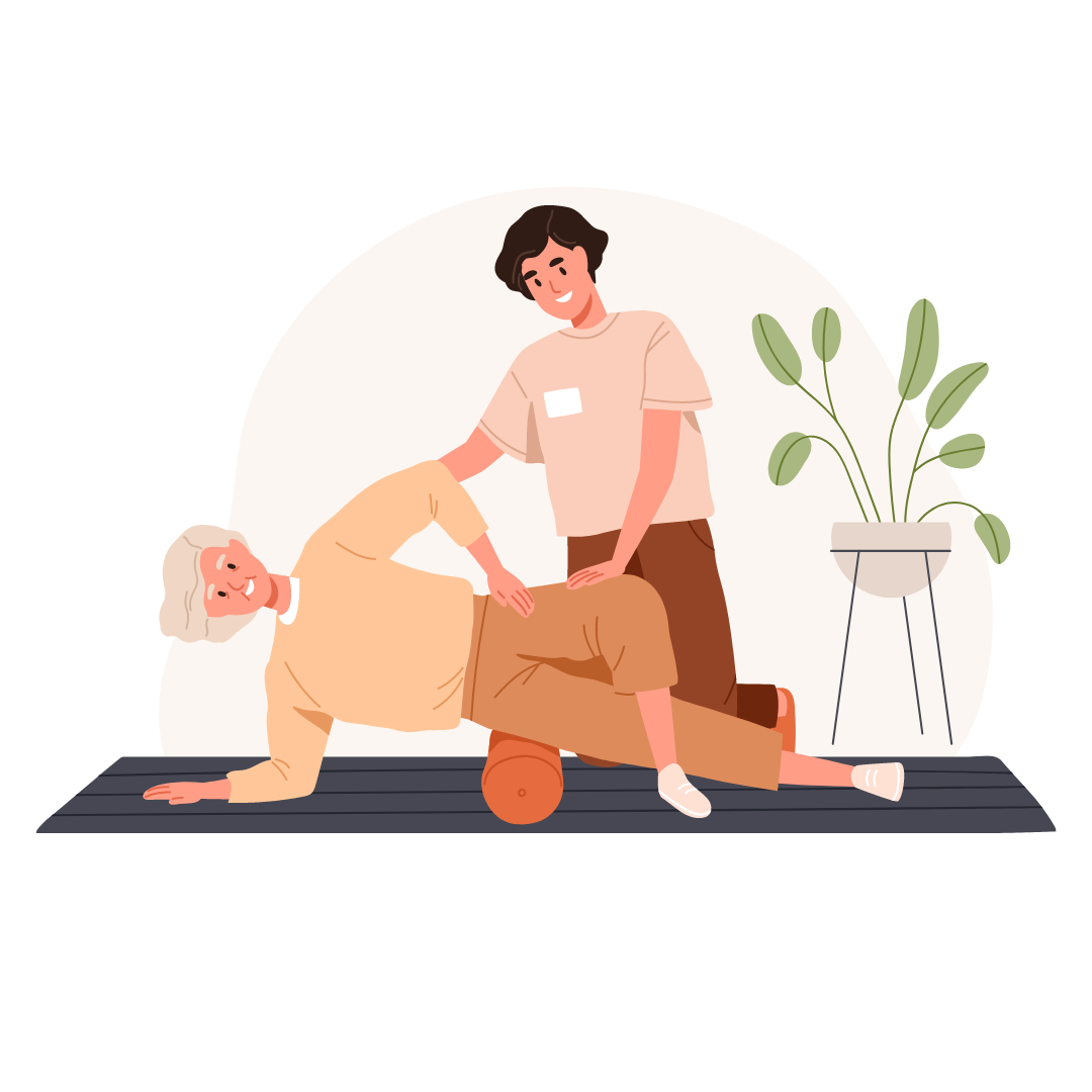 Eine Grafik eines Physiotherapeuten, der eine Übung mit einem Patienten macht,